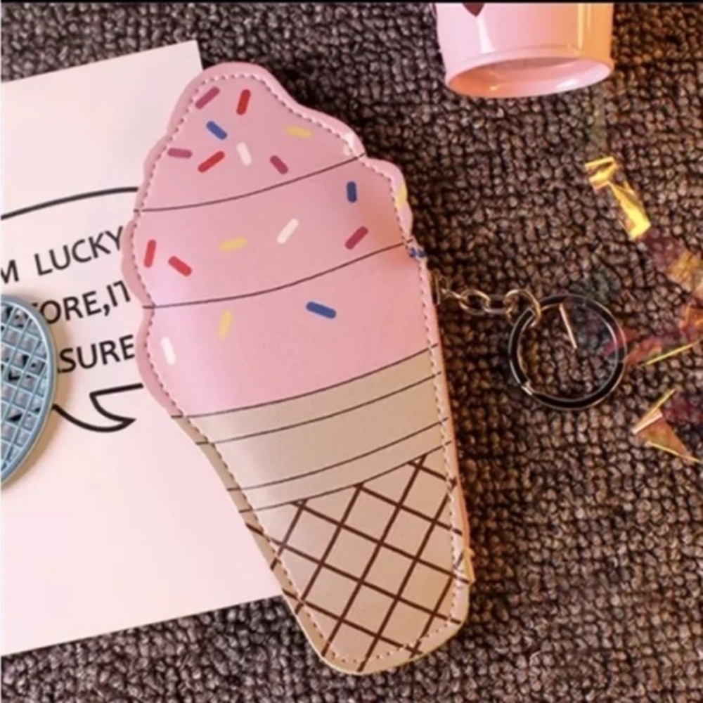 Kawaii Pink Ice Cream Cone Coin Purse Zip Wallet PU Leather NWT